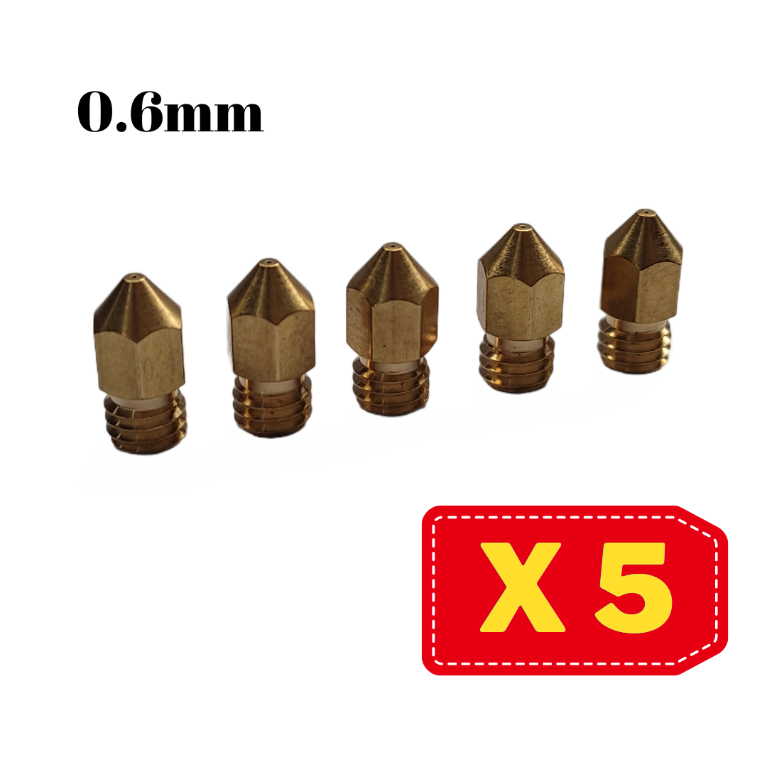 Boquillas 0.6mm Nozzle Extrusor Mk8 M6 x 5 unidades